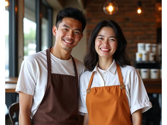 Rahman dan Mei Ling, pengasas Muar Merchant, tersenyum di dalam kafe mereka.